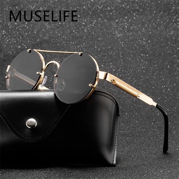 Grote foto classic gothic steampunk sunglasses unisex retro round metal frame glasses uv400 kleding dames sieraden