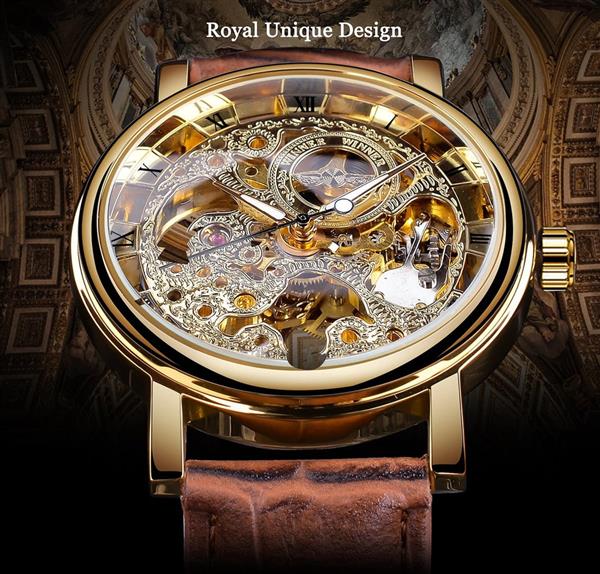 Grote foto luxe horloge met gouden kast voor heren horloge met leren of mesh bandje transparant mechanisch sk kleding dames horloges