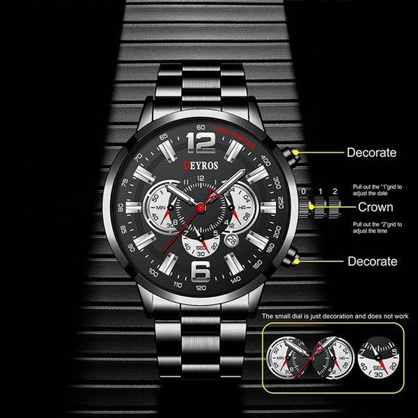 Grote foto roestvrijstalen sporthorloge voor heren quartz horloge kalender lichtgevende klok leer kleding dames horloges