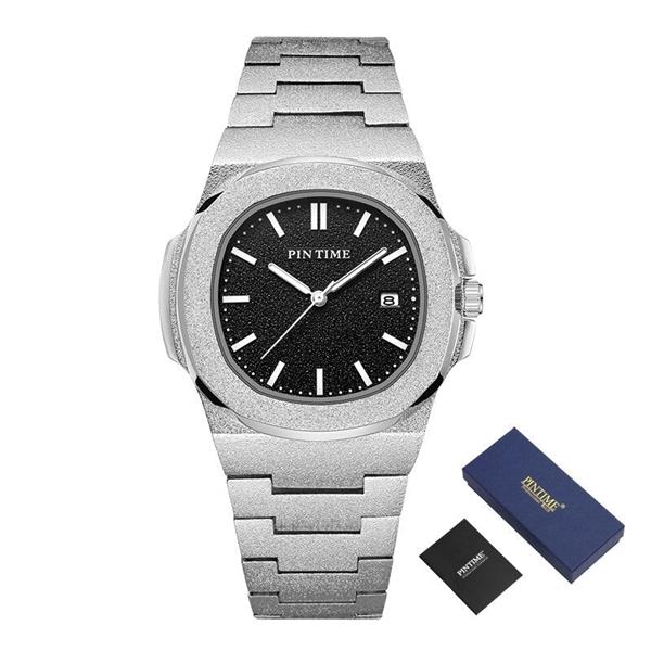 Grote foto frosted luxe horloge voor heren mode roestvrij stalen quartz horloge met opbergdoos kleding dames horloges