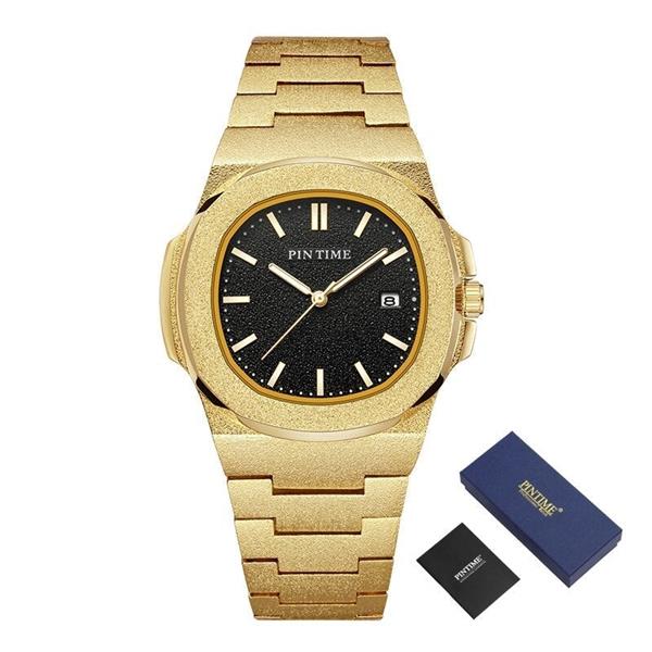 Grote foto frosted luxe horloge voor heren mode roestvrij stalen quartz horloge met opbergdoos kleding dames horloges