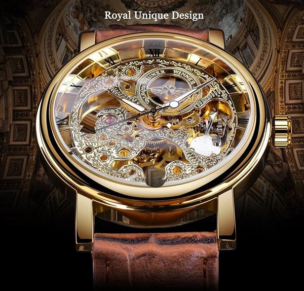 Grote foto luxe horloge met gouden kast voor heren horloge met leren of mesh bandje transparant mechanisch sk kleding dames horloges