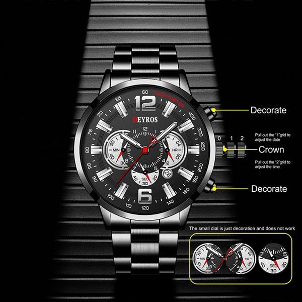 Grote foto roestvrijstalen sporthorloge voor heren quartz horloge kalender lichtgevende klok leer kleding dames horloges