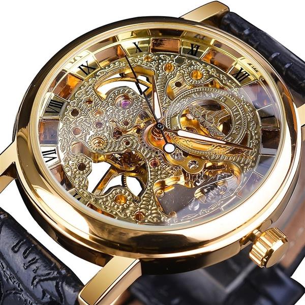 Grote foto luxe horloge met gouden kast voor heren horloge met leren of mesh bandje transparant mechanisch sk kleding dames horloges