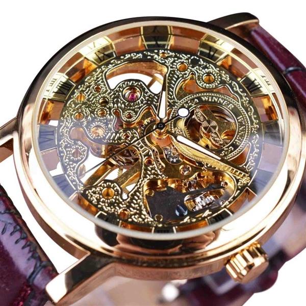 Grote foto luxe horloge met gouden kast voor heren horloge met leren of mesh bandje transparant mechanisch sk kleding dames horloges