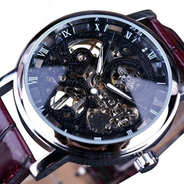 Grote foto luxe horloge met gouden kast voor heren horloge met leren of mesh bandje transparant mechanisch sk kleding dames horloges