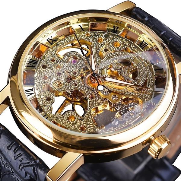Grote foto luxe horloge met gouden kast voor heren horloge met leren of mesh bandje transparant mechanisch sk kleding dames horloges