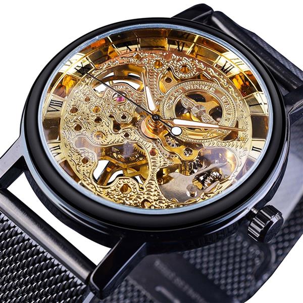 Grote foto luxe horloge met gouden kast voor heren horloge met leren of mesh bandje transparant mechanisch sk kleding dames horloges