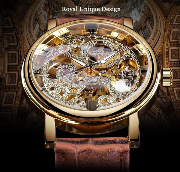 Grote foto luxe horloge met gouden kast voor heren horloge met leren of mesh bandje transparant mechanisch sk kleding dames horloges