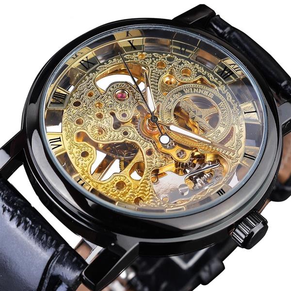 Grote foto luxe horloge met gouden kast voor heren horloge met leren of mesh bandje transparant mechanisch sk kleding dames horloges
