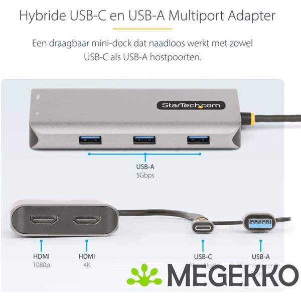 Grote foto startech.com usb c multiport adapter met ingebouwde usb c naar usb a dongle dual hdmi 4k30hz 1080p computers en software overige computers en software