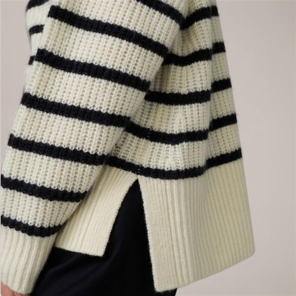 Grote foto windsor virgin wool round neck sweater with cashmere in ecru and navy stripes maat 38 kleding dames truien en vesten