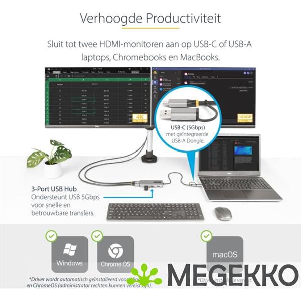 Grote foto startech.com usb c multiport adapter met ingebouwde usb c naar usb a dongle dual hdmi 4k30hz 1080p computers en software overige computers en software
