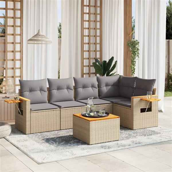 Grote foto vidaxl 6 delige loungeset met kussens poly rattan beige tuin en terras tuinmeubelen