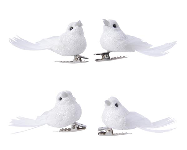 Grote foto witte vogeltjes op clip wit glitter 4 stuks voor bloemschikken decoratie kerstboom verzamelen overige verzamelingen