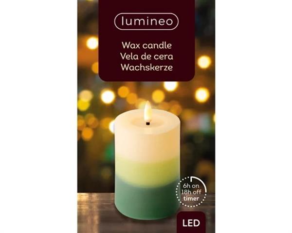 Grote foto actie lumineo led kaars wax steady kan binnen met timer groen tricolor warm wit dia 7cm h 11.5cm verzamelen overige verzamelingen