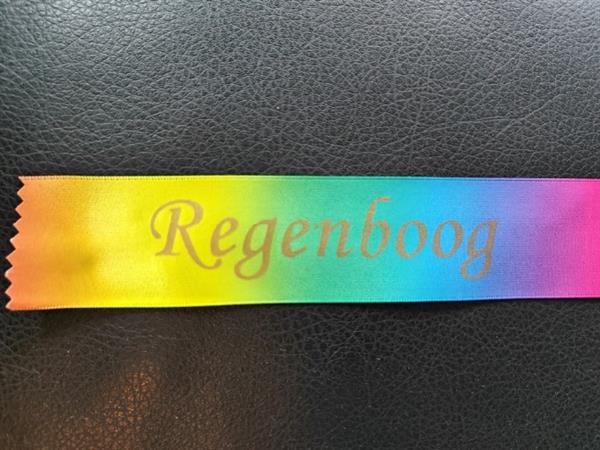 Grote foto regenbooglint kleurrijk 38mm met goud opdruk 50 cm. bedrukt lint 38mm verzamelen overige verzamelingen