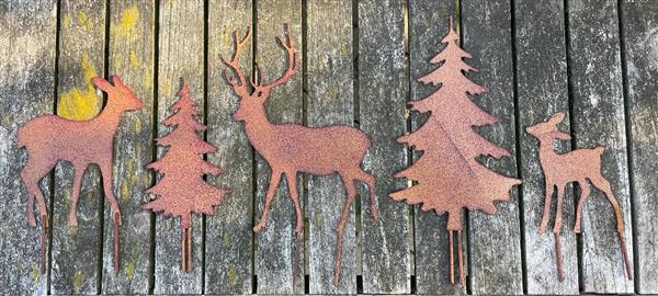 Grote foto tuinstekers herten kerstbomen set van 5 stuks roestkleurig tss01 tuin en terras tuindecoratie