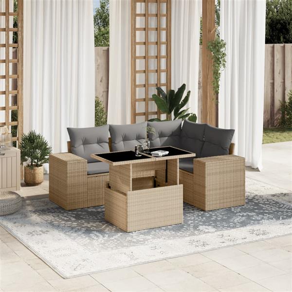 Grote foto vidaxl 5 delige loungeset met kussens poly rattan beige tuin en terras tuinmeubelen