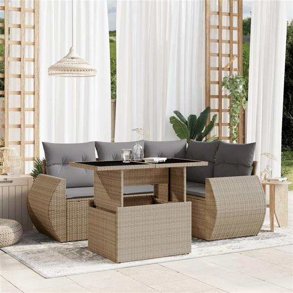 Grote foto vidaxl 5 delige loungeset met kussens poly rattan beige tuin en terras tuinmeubelen