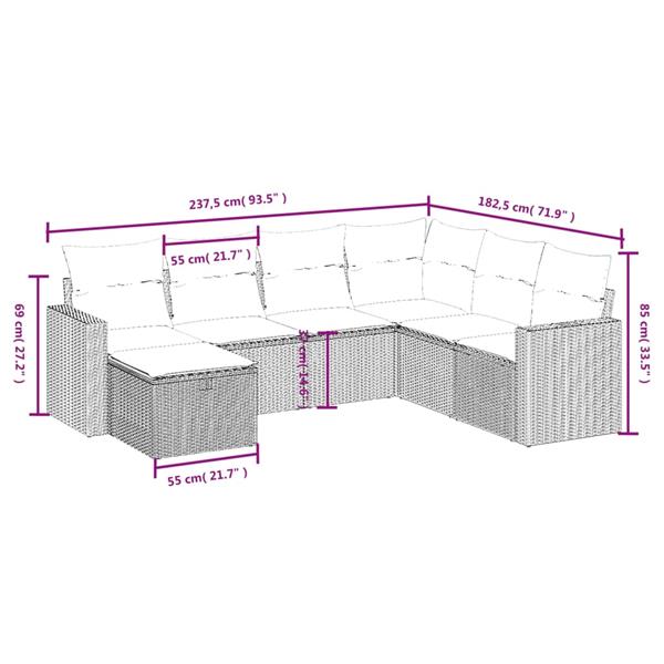 Grote foto vidaxl 7 delige loungeset met kussens poly rattan bruin tuin en terras tuinmeubelen