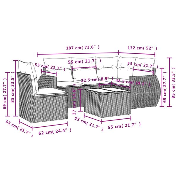 Grote foto vidaxl 6 delige loungeset met kussens poly rattan bruin tuin en terras tuinmeubelen