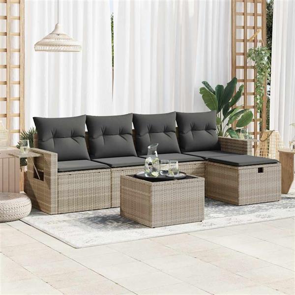 Grote foto vidaxl 6 delige loungeset met kussens poly rattan lichtgrijs tuin en terras tuinmeubelen