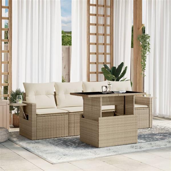 Grote foto vidaxl 5 delige loungeset met kussens poly rattan beige tuin en terras tuinmeubelen