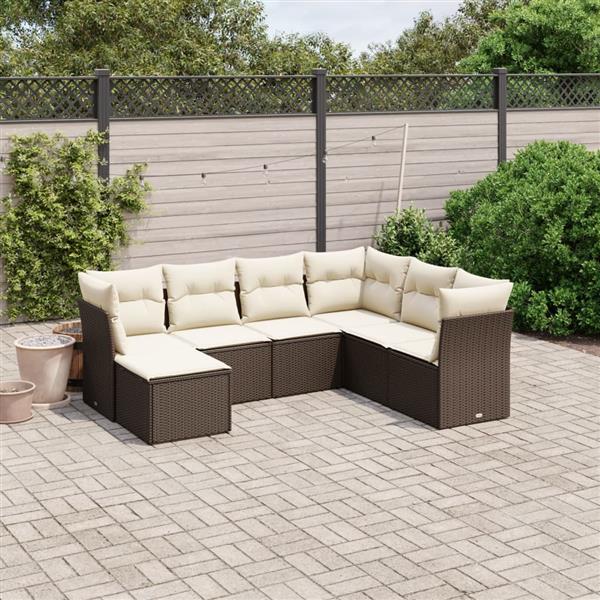 Grote foto vidaxl 7 delige loungeset met kussens poly rattan bruin tuin en terras tuinmeubelen