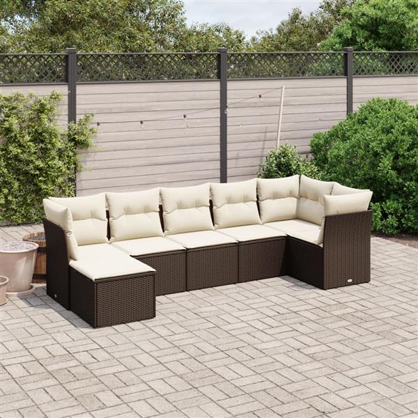 Grote foto vidaxl 7 delige loungeset met kussens poly rattan bruin tuin en terras tuinmeubelen