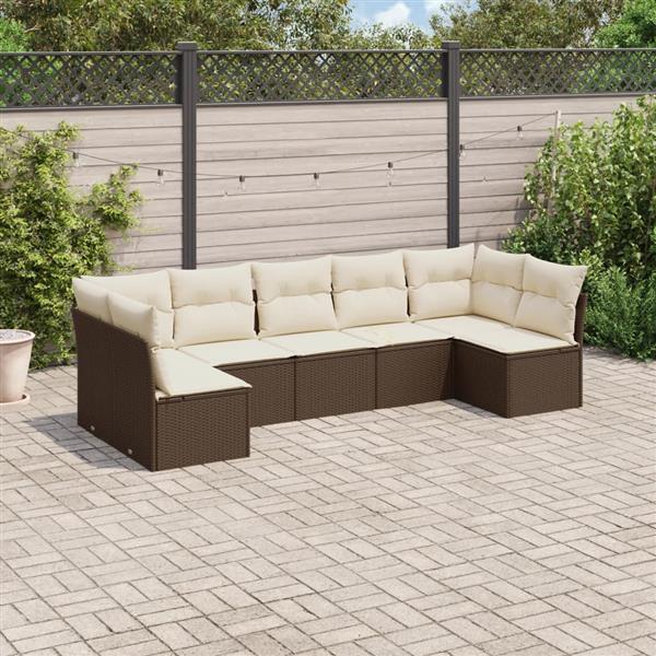 Grote foto vidaxl 7 delige loungeset met kussens poly rattan bruin tuin en terras tuinmeubelen