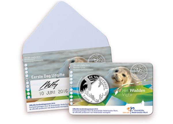 Grote foto nederland 5 euro 2016 waddenvijfje eerste dag van uitgifte verzamelen munten overige