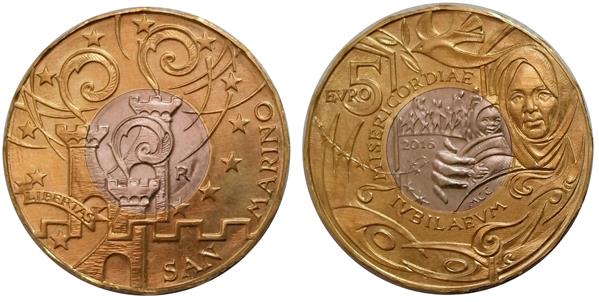 Grote foto san marino 5 euro 2016 barmhartigheid in munthouder verzamelen munten overige