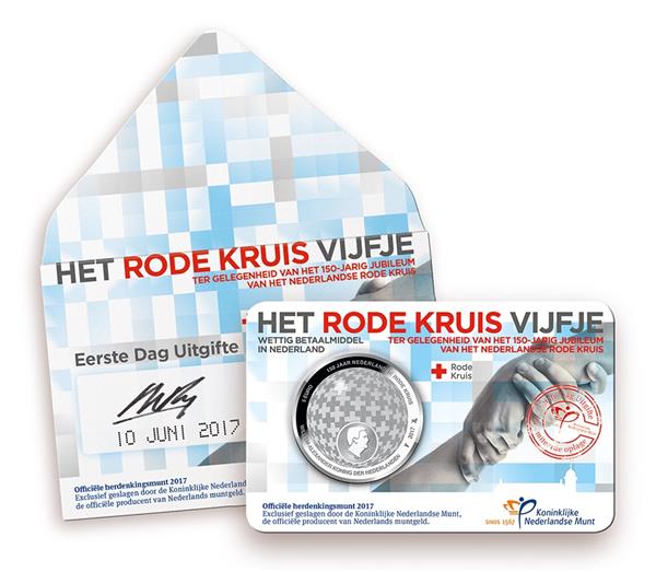 Grote foto nederland 5 euro 2017 rode kruis eerste dag van uitgifte verzamelen munten overige