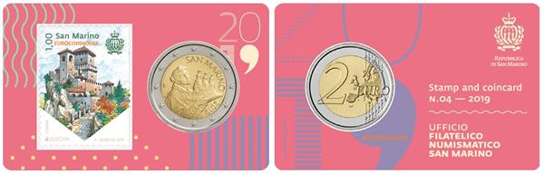 Grote foto san marino 2 euro 2019 coincard nr. 4 met postzegel verzamelen munten overige