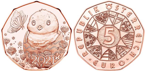 Grote foto oostenrijk 5 euro 2021 paaskuiken koper verzamelen munten overige