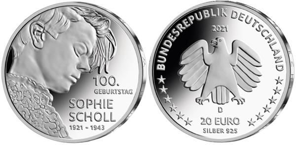 Grote foto duitsland 20 euro 2021 sophie scholl verzamelen munten overige