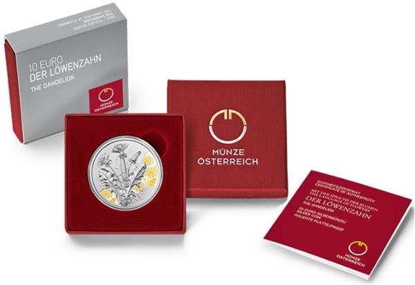 Grote foto oostenrijk 10 euro 2022 paardenbloem proof gekleurd verzamelen munten overige