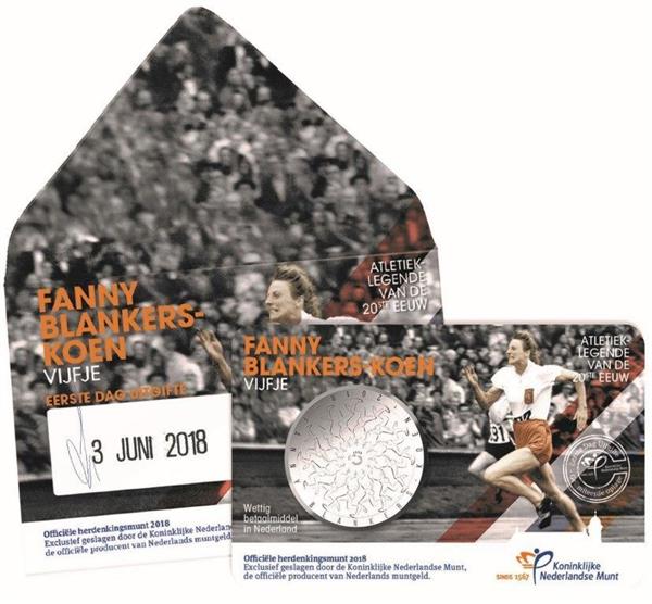 Grote foto nederland 5 euro 2018 fanny blankers koen eerste dag uitgifte verzamelen munten overige