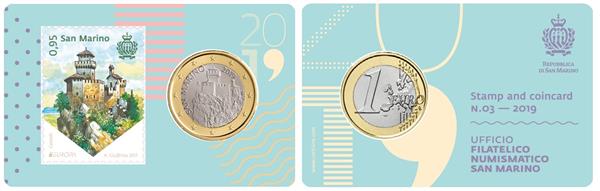 Grote foto san marino 1 euro 2019 coincard nr. 3 met postzegel verzamelen munten overige