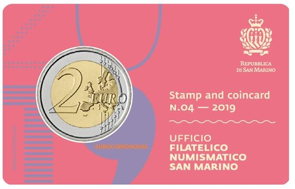 Grote foto san marino 2 euro 2019 coincard nr. 4 met postzegel verzamelen munten overige
