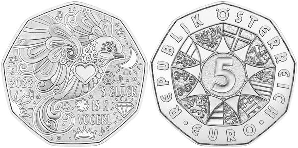 Grote foto oostenrijk 5 euro 2022 geluk is een vogel zilver bu verzamelen munten overige