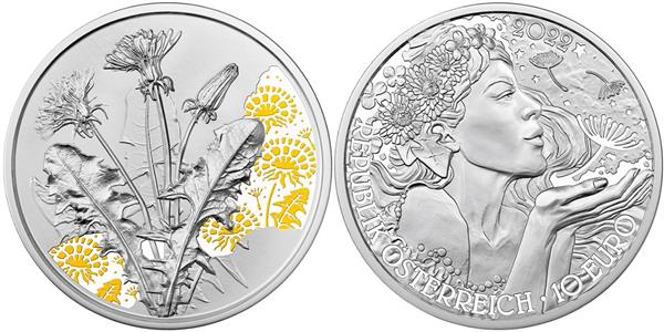 Grote foto oostenrijk 10 euro 2022 paardenbloem proof gekleurd verzamelen munten overige