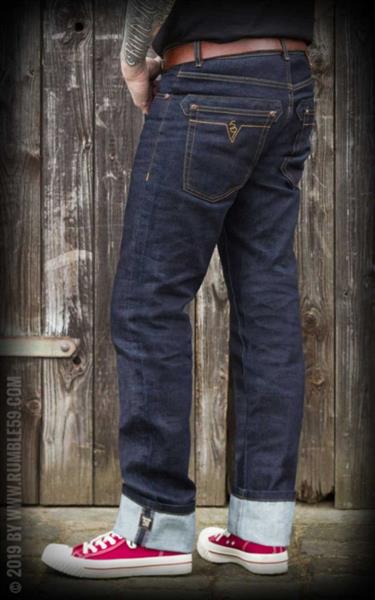 Grote foto rumble 59 raw denim blue burning black top. kleding heren broeken