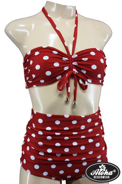 Grote foto aloha beachwear bandeau bikini red dots vintage high waist kleding dames badmode en zwemkleding