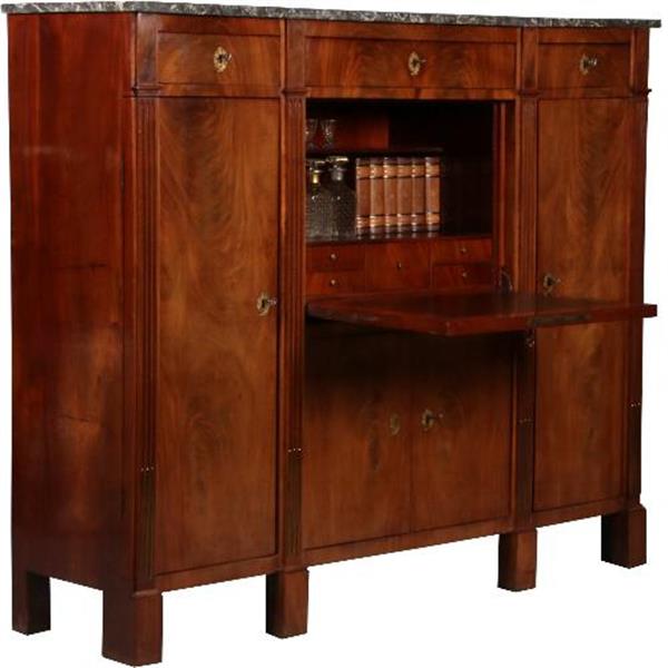 Grote foto brede empire secretaire of bar met zijkasten ca. 1810 in mahonie met marmer no.602117 antiek en kunst stoelen en banken