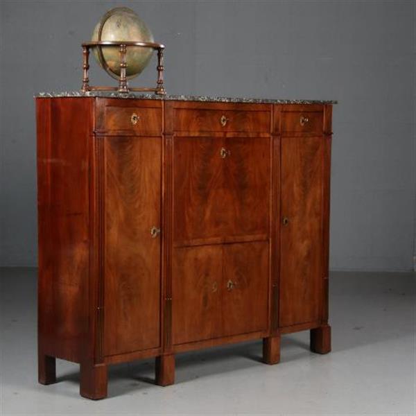 Grote foto brede empire secretaire of bar met zijkasten ca. 1810 in mahonie met marmer no.602117 antiek en kunst stoelen en banken