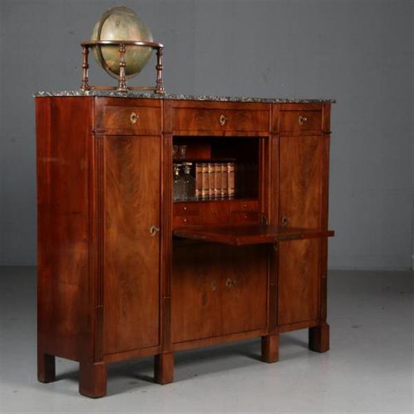 Grote foto brede empire secretaire of bar met zijkasten ca. 1810 in mahonie met marmer no.602117 antiek en kunst stoelen en banken
