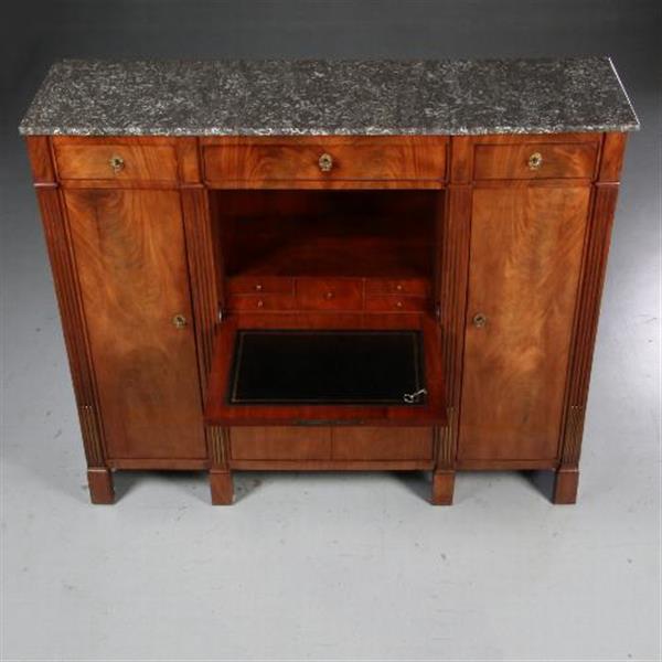Grote foto brede empire secretaire of bar met zijkasten ca. 1810 in mahonie met marmer no.602117 antiek en kunst stoelen en banken