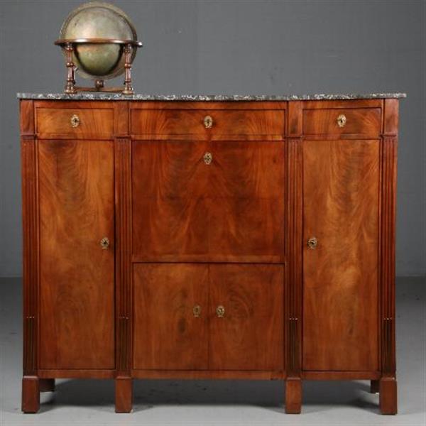 Grote foto brede empire secretaire of bar met zijkasten ca. 1810 in mahonie met marmer no.602117 antiek en kunst stoelen en banken